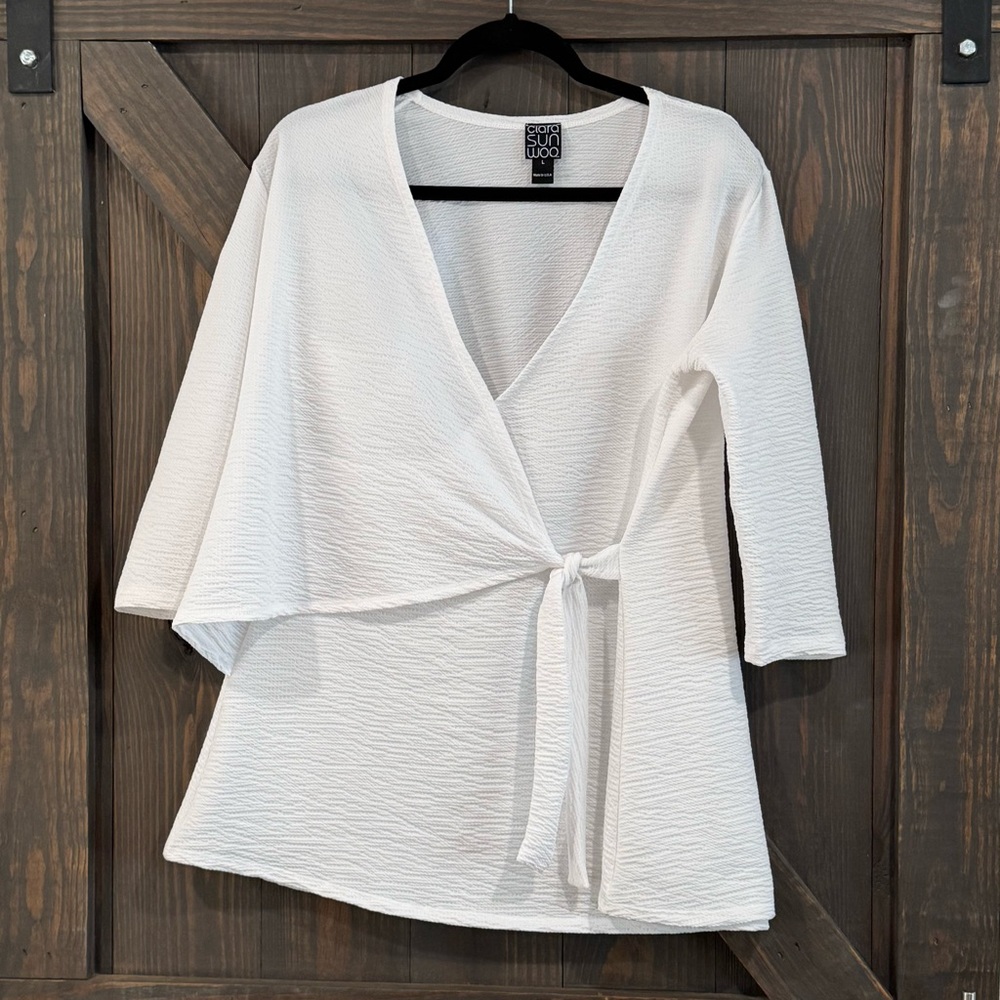 CLARA SUN WOO Women's White Side Tie‎ Tunic Textured Blouse Large Made in USA